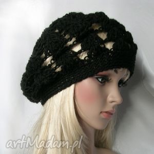 czarny ażurowy beret - ozdobna czapka, przewiewny, modny, wiosenny