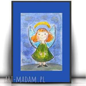 handmade pokoik dziecka aniołek obrazek A4, akwarela z aniołkiem, kolorowy rysunek