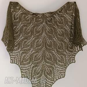 ażurowa jedwabna chusta z motywem liści zielony mech, ręcznie robiona