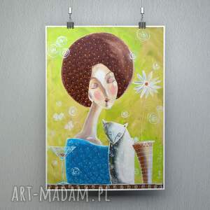 chwila spokojnej melancholii - plakat kotem, kwiat abstrakcja, pozytywne