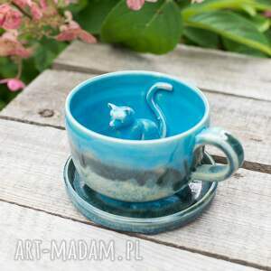 ręczne wykonanie ceramika filiżanka z kotem - niebieska - rękodzieło - ok 300
