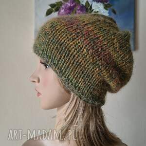 ręcznie na drutach - z oliwką - miła, puchata, ciepła czapka