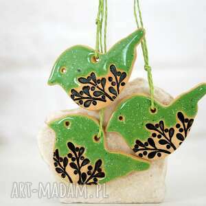handmade pomysł na prezent 3 ceramiczne ozdoby - ptaszki zielone