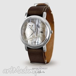 handmade zegarki zegarek - biała sowa - magic forest - brązowy