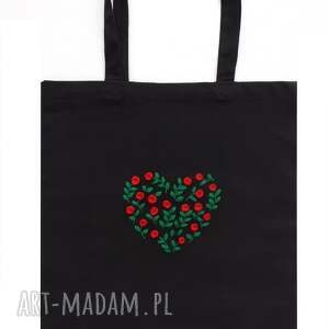️ haftowane serce z róż - czarna ekologiczna torba na zakupy ramię