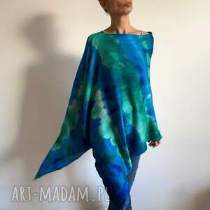 handmade poncho ponczo z wełny merino szmaragd&blue