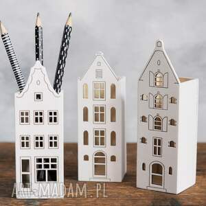 pojemnik na kredki z drewna - kamieniczki amsterdam, domki drewniane domki