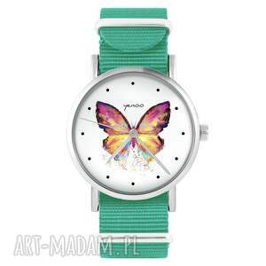 zegarki zegarek - kolorowy motyl turkusowy, nylonowy, tęczowy, dla niej