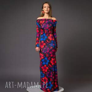 sukienka z odsłoniętymi ramionami - julia maxi flower power, efektowna