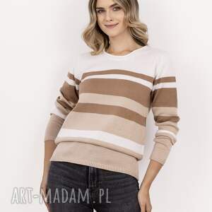 handmade swetry sweter w paski z ciekawym dekoltem - swe343 beż/ecru/mocca