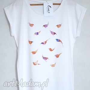 handmade bluzki ptaki koszulka oversize biała XL