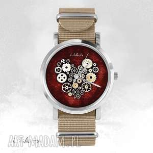 handmade zegarki zegarek, bransoletka - steampunk heart, bordo beżowy, nato