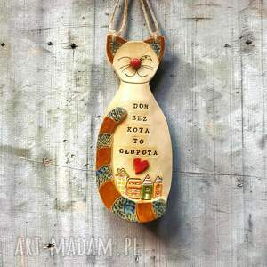 Duży ceramiczny kot do powieszenia - dekoracja handmade