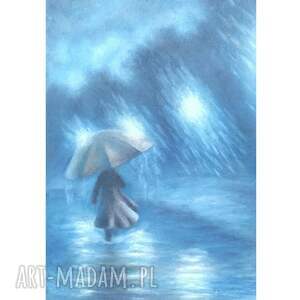 Obraz ręcznie malowany „W deszczu” - format A4, pejzaż - nocny