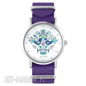 ręcznie wykonane zegarki zegarek - ptaszki folkowe niebieskie fioletowy, nylonowy