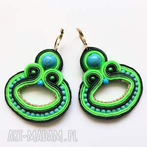 Kolczyki sutaszowe ręcznie haftowane Green, ażur