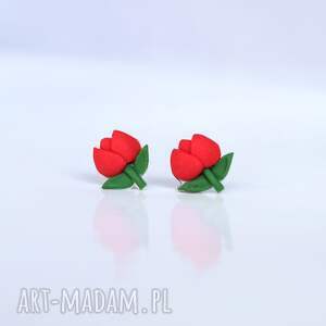 Kolczyki tulipany mini - czerwone kwiaty sztyfty wiosenne