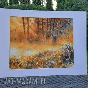 Złota jesienna mgła - oryginalna akwarela 40x50 cm