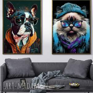 2 plakaty 50x70 cm - portrety hipsterskiego psa harleya i kota junipera pies
