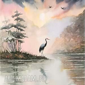 w blasku poranka, akwarela 24x32 cm żuraw, pejzaż żurawie, zwierzęta, ptaki