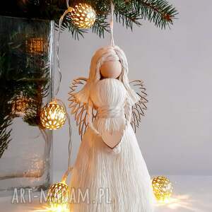 reczne sploty kremowy aniołek ze sznurka dekoracje świąteczne, święta