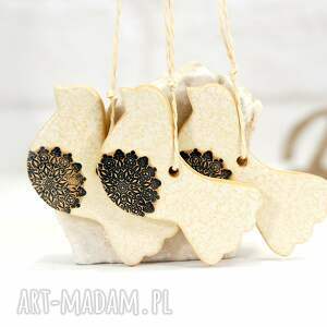 handmade święta upominki 3 ceramiczne ptaszki choinkowe - piasek
