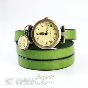 handmade bransoletka, zegarek - wiesiołek - oliwkowy, skórzany