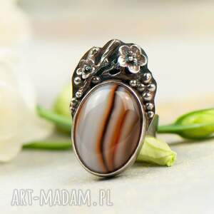 pierścień z prążkowanym agatem w kwiatach a716, srebrny pierścionek sygnet
