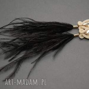 kremowo - czarne kolczyki sutasz z piórami, sznurek, wyjściowe, delikatne