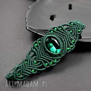 Duża z kryształem - ciemna zieleń, bransoletka makrama