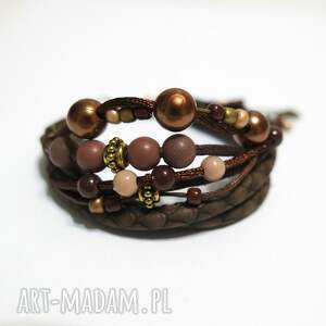 Brązowa bransoletka z rzemieni i koralików handmade