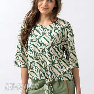 bluzka wiązana anabell wzór liści, bluza damska wygodna koszulka, zielony