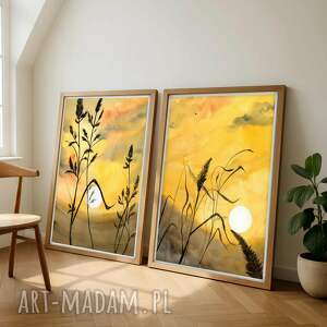 zestaw 2 prac A3, akwarela łąka zachód trawy słońce