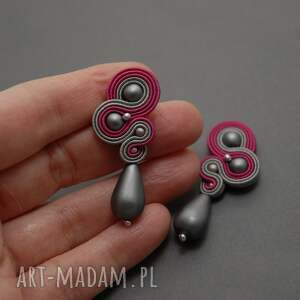 grafitowo - fuksjowe klipsy sutasz sznurek, wieczorowe, wyjściowe delikatne