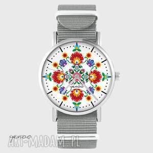 zegarek - folkowa mandala szary, nato, bransoletka, kwiaty, prezent