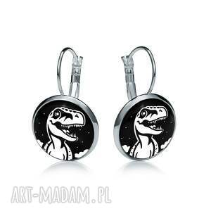 kolczyki wiszące t-rex dino czarno-białe srebrne zabawne prezent