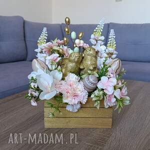 brokatovo dekoracja wielkanocna z zajączkami stroik na wielkanoc, stroiki