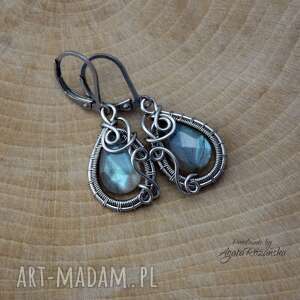 kolczyki labradoryt, wire wrapping, stal chirurgiczna