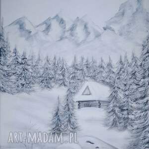 obraz ręcznie malowany akrylowy w zimowych objęciach - 40x30cm, śnieg parku
