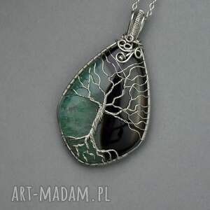 wisior drzewo życia agat z zielonym kryształem wire wrapping, amulet