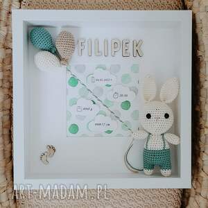 metryczka narodzin dziecka - zielony króliczek, ramka, prezent