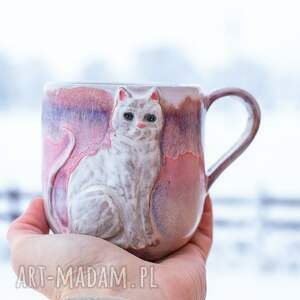 Prezent Handmade Ceramiczny duży kubek z kotem - Różowy sen Peony ok