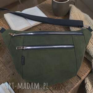 zobag duża nerka tkanina zamszowa oliwka, saszetka, prezent, torebka przez