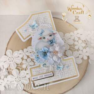 Prezent Urodzinowa kartka cyferka, na roczek Baby Lamb