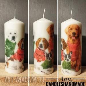 anncandleshandmade świeca dekoracyjna 18 cm boze narodzenie, psy w swetrach