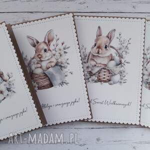 zestaw 4 kartek wielkanocnych z życzeniami króliczki w koszyczkach kartka