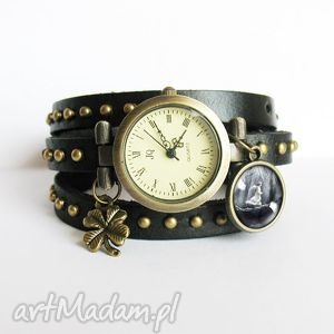 handmade bransoletka, zegarek - magiczny las - czarny, nity, skórzany