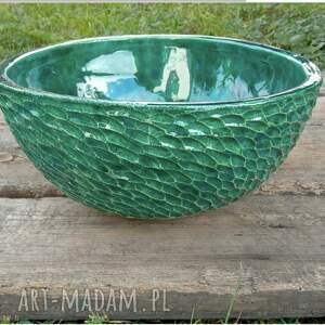 Zielona umywalka ceramiczna sgraffito handmade na zamówienie