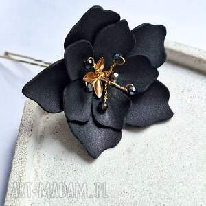Czarna spinka do włosów kokówka - kwiat handmade