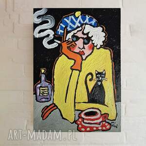 obraz olejny sam na nocą babcia, obrazy olejne, babcia pieskiem